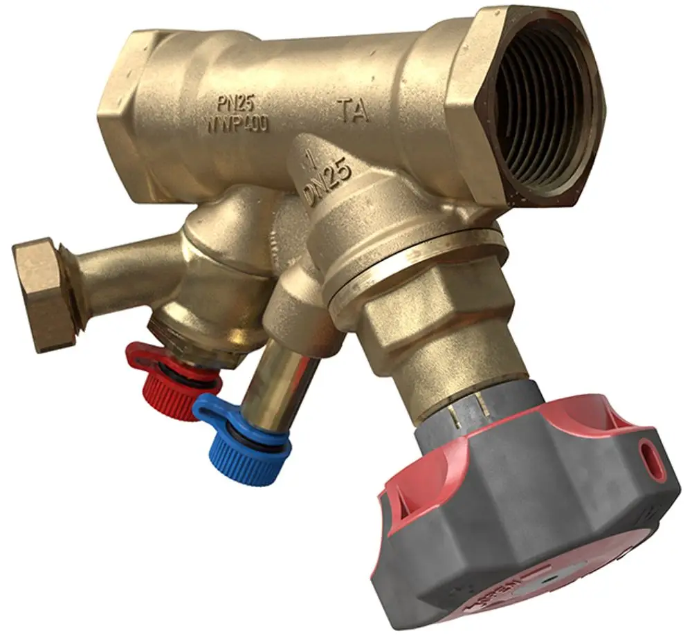 Strangregulierventil mit innenliegenden Gewinden, zwei Anschlussarmaturen und einem handbedienbaren Regler, hergestellt von IMI Hydronic Engineering.